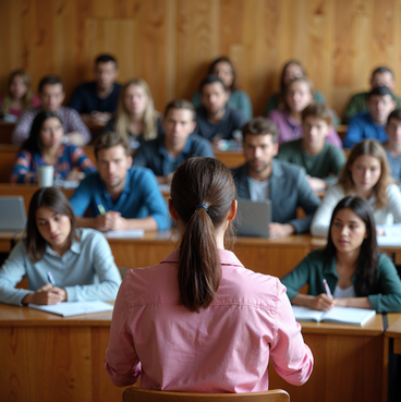 A female professor in a pink shirt addresses a diverse group of attentive students in a lively university lecture hall, with wooden desks and some students using laptops.